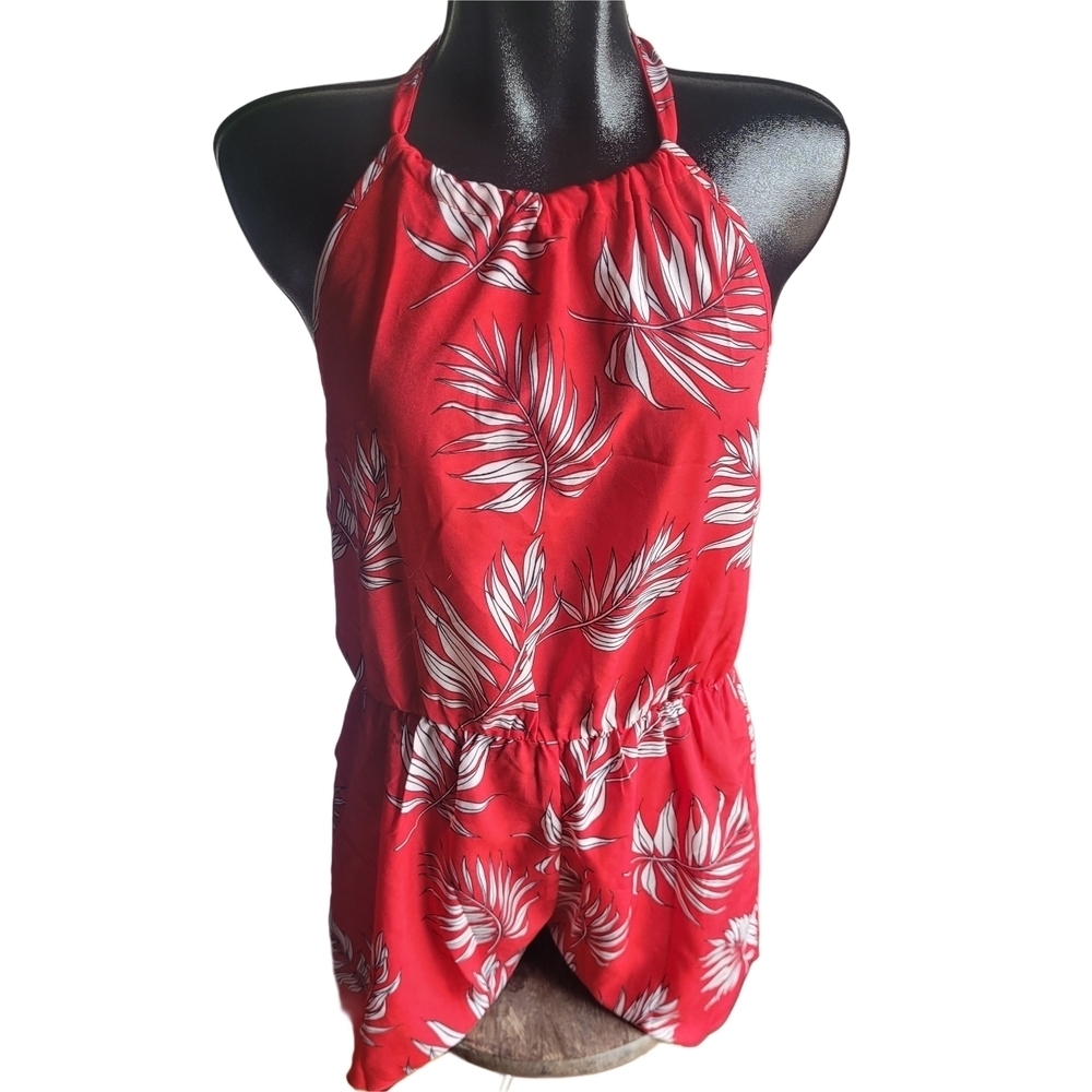 Shein Red Leaf Print Halter Neck Short Romper Size L